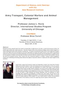 Department of History Joint Seminar with the Asia Research Institute Army Transport, Colonial Warfare and Animal Management