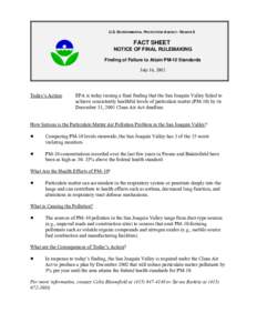 San Joaquin Valley Finding of Failure to Attain Particulate Matter PM-10 Standards