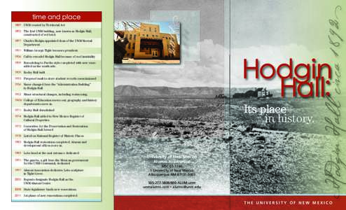 time and place 1889: UNM created by Territorial Act 1892: The first UNM building, now known as Hodgin Hall, constructed of red brick 1897: Charles Hodgin appointed dean of the UNM Normal