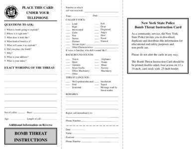 Pamphlet: Bomb Threat Instruction Card