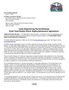 For Immediate Release: March 31, 2006 For More Information Contact: Karin Stangl, Director, Planning and Communication Division Office of the State Engineer[removed]