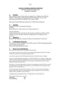 Page 1  ANNUAL GENERAL MEETING MINUTES Palmerston North Convention Centre nd Saturday 2 June 2007