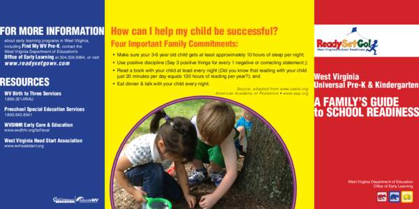 FOR MORE INFORMATION How can I help my child be successful? about early learning programs in West Virginia, including Find My WV Pre-K, contact the West Virginia Department of Education’s Office of Early Learning at 30