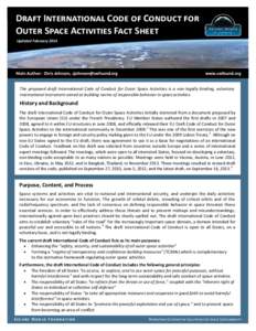 Draft International Code of Conduct for Outer Space Activities Fact Sheet Updated February 2014 Main Author: Chris Johnson, [removed]