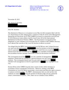 U.S. Department of Labor  Office of Labor-Management Standards Division of Enforcement Washington, DC[removed]0143 Fax: ([removed]