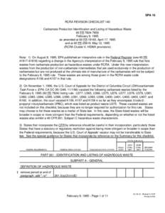 SPA 16 RCRA REVISION CHECKLIST 140 Carbamate Production Identification and Listing of Hazardous Waste 60 FR[removed]February 9, 1995 as amended at 60 FR 19165, April 17, 1995