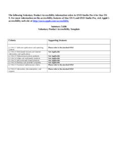The following Voluntary Product Accessibility information refers to DVD Studio Pro 4 for Mac OS X. For more information on the accessibility features of Mac OS X and DVD Studio Pro, visit Apple’s accessibility web site