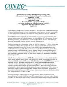Statement of the Coalition of Northeastern Governors to the Subcommittee on Labor, Health and Human Services, Education, and Related Agencies Committee on Appropriations United States Senate Regarding FY2016 Appropriatio