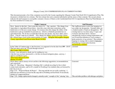 Allegany County 2014 COMPREHENSIVE PLAN COMMENT MATRIX This document presents a list of the comments received by the County regarding the Allegany County Final Draft 2014 Comprehensive Plan. The document is divided into 