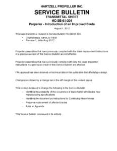 HARTZELL PROPELLER INC.  SERVICE BULLETIN TRANSMITTAL SHEET HC-SB[removed]Propeller - Introduction of an Improved Blade