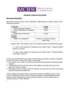 Domestic Violence Fact Sheet Minnesota Statistics Minnesota District Courts in 2011 handled 27,288 domestic violence cases in the following contexts1: Criminal Felony Domestic Assault