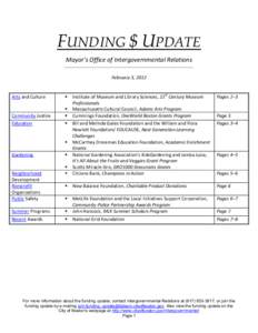 FUNDING $ UPDATE Mayor’s Office of Intergovernmental Relations _____________________________________________________________________________ February 3, 2012