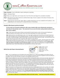 www.Coffee www.Coffee--Reserves.com 100% Premium Colombian Green Coﬀee Beans packed for Long Term Storage. Stages of Roasng : Green Coﬀee Beans require roasng prior to grinding. Stage 1: Yellowing of beans