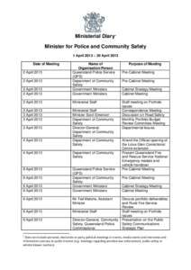 Ministerial Diary1 Minister for Police and Community Safety 1 April 2013 – 30 April 2013 Date of Meeting  2 April 2013
