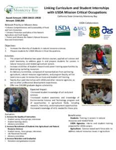 Linking Curriculum and Student Internships  with USDA Mission Critical Occupations Award Amount: 2009‐38422‐19920 Amount: $300,000  California State University Monterey Bay