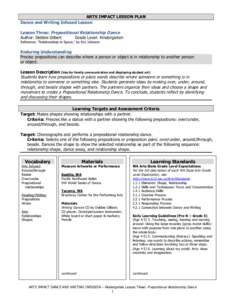 ARTS IMPACT LESSON PLAN Dance and Writing Infused Lesson Lesson Three: Prepositional Relationship Dance Author: Debbie Gilbert Grade Level: Kindergarten Reference: “Relationships in Space,” by Eric Johnson