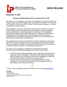 Office of the Information and Privacy Commissioner of Alberta NEWS RELEASE  September 13, 2007