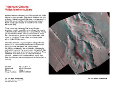 Tithonium Chasma Valles Marineris, Mars Eastern Tithonium Chasma is one branch of the vast Valles Marineris canyon complex. Tithonium is 50 kilometers wide and over 6 kilometers deep in this area. In comparison, the Gran