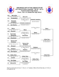 ARKANSAS ACTIVITIES ASSOCIATION 2013 Class 4A State Volleyball – Oct 29 – Oct 31 Hosted by Mena High School Finals – Nov 2 at Russellville High School NW1