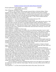 Southern Campaign American Revolution Pension Statements Pension application of John McBride S4193 fn15NC Transcribed by Will Graves State of Tennessee, Williamson County