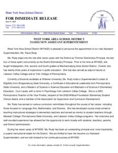 West York Area School District  FOR IMMEDIATE RELEASE June 17, 2014  Voice: ([removed]