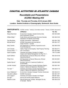 COASTAL ACTIVITIES IN ATLANTIC CANADA Roundtable and Presentations ACZISC Meeting #56 Date: Thursday and Thursday, 22-23 January 2009 Location: Bedford Institute of Oceanography, Dartmouth, Nova Scotia