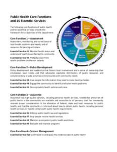 Public Health Core Functions and 10 Essential Services The following core functions of public health and ten essential services provide the framework for all activities of the Department: