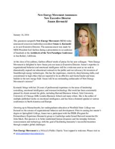 New Energy Movement Announces New Executive Director Susan Kornacki  January 16, 2016