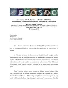 Statement by H.E. Mr. Hamidon Ali, President of ECOSOC, Ambassador and Permanent Representative of Malaysia to the United Nations ECOSOC Special Event on ENGAGING PHILANTHROPY TO PROMOTE WOMEN EMPOWERMENT AND GENDER EQUA