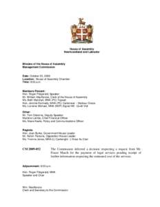 House of Assembly Newfoundland and Labrador Minutes of the House of Assembly Management Commission