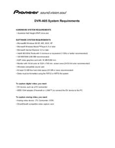 DVR-A05 System Requirements HARDWARE SYSTEM REQUIREMENTS • Available Half Height ATAPI drive slot SOFTWARE SYSTEM REQUIREMENTS • Microsoft® Windows 98 SE, ME, 2000, XP • Microsoft Windows Media™Player 6.X or lat