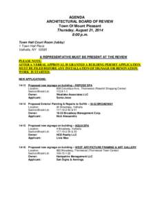 AGENDA ARCHITECTURAL BOARD OF REVIEW Town Of Mount Pleasant Thursday, August 21, 2014 8:00 p.m. Town Hall Court Room (lobby)