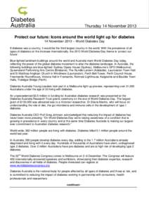 Thursday 14 November 2013 Protect our future: Icons around the world light up for diabetes 14 November 2013 – World Diabetes Day If diabetes was a country, it would be the third largest country in the world. With the p