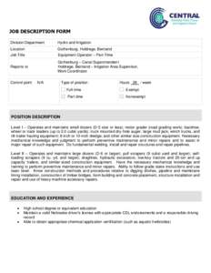 JOB DESCRIPTION FORM Division/Department Hydro and Irrigation  Location