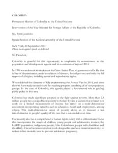 COLOMBIA Permanent Mission of Colombia to the United Nations Intervention of the Vice-Minister for Foreign Affairs of the Republic of Colombia Ms. Patti Londoño Special Session of the General Assembly of the United Nati