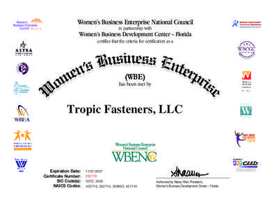 Women’s Business Enterprise National Council in partnership with Women’s Business Development Center – Florida certifies that the criteria for certification as a