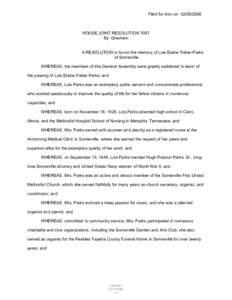 Filed for intro on[removed]HOUSE JOINT RESOLUTION 7057 By Gresham  A RESOLUTION to honor the memory of Lois Elaine Fisher Parks