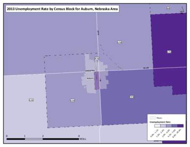 2013 Unemployment Rate by Census Block for Auburn, Nebraska Area  4% ´