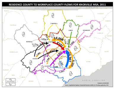 RESIDENCE COUNTY TO WORKPLACE COUNTY FLOWS FOR KNOXVILLE MSA, 2011 V I R G I N I A K E N T U C K Y  PICKETT