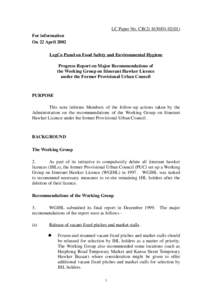 LC Paper No. CB[removed]) For information On 22 April 2002 LegCo Panel on Food Safety and Environmental Hygiene Progress Report on Major Recommendations of the Working Group on Itinerant Hawker Licence