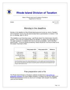 Rhode Island Division of Taxation State of Rhode Island and Providence Plantations Department of Revenue Advisory  April 12, 2013