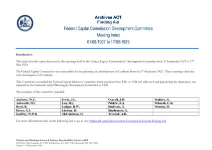 Index to Federal Capital Commission Development Committee meetings 1927 to 1929