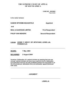 THE SUPREME COURT OF APPEAL OF SOUTH AFRICA CASE NO: [removed]Reportable  In the matter between