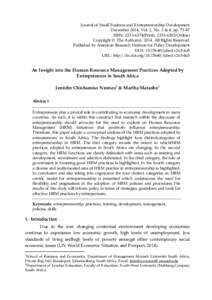 Journal of Small Business and Entrepreneurship Development December 2014, Vol. 2, No. 3 & 4, ppISSN: Print), Online) Copyright © The Author(sAll Rights Reserved. Published by America