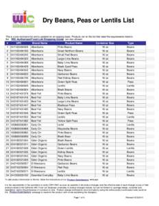 Dry Beans, Peas or Lentils List This is a non-exclusive list and is updated on an ongoing basis. Products not on this list that meet the requirements listed in the WIC Authorized Food List Shopping Guide are also allowed