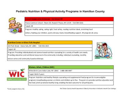 Pediatric Nutrition & Physical Activity Programs in Hamilton County Cornell Cooperative Extension—Eat Smart NY Piseco Common School—Room 20, Route 8 Piseco, NY[removed]6161 Target: All Program: Healthy eating, 