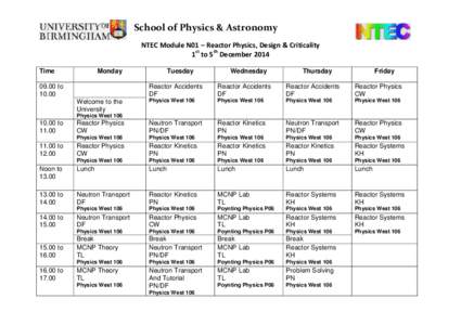 School of Physics & Astronomy NTEC Module N01 – Reactor Physics, Design & Criticality 1st to 5th December 2014 Time  Monday
