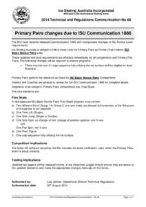 Ice Skating Australia Incorporated Affiliated to the International Skating Union 2014 Technical and Regulations Communication No 68  Primary Pairs changes due to ISU Communication 1886