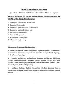 Centre of Excellence, Bangalore (An initiative of Ministry of MSME and Indian Institute of Science, Bangalore) Verticals identified for further incubation and commercialization by MSMEs under Design Clinic Scheme: 1.