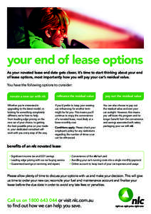 your end of lease options As your novated lease end date gets closer, it’s time to start thinking about your end of lease options, most importantly how you will pay your car’s residual value. You have the following o